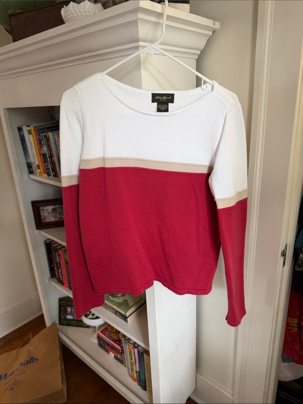 Eddie Bauer White, Red and Beige Colorblock Crewneck Sweater